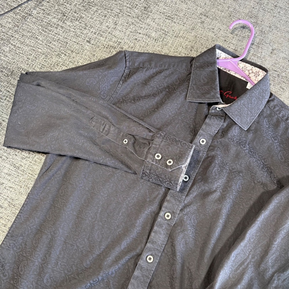 Robert Graham Button Down Shirt Mens Large Black Paisley Jacquard Long Sleeve